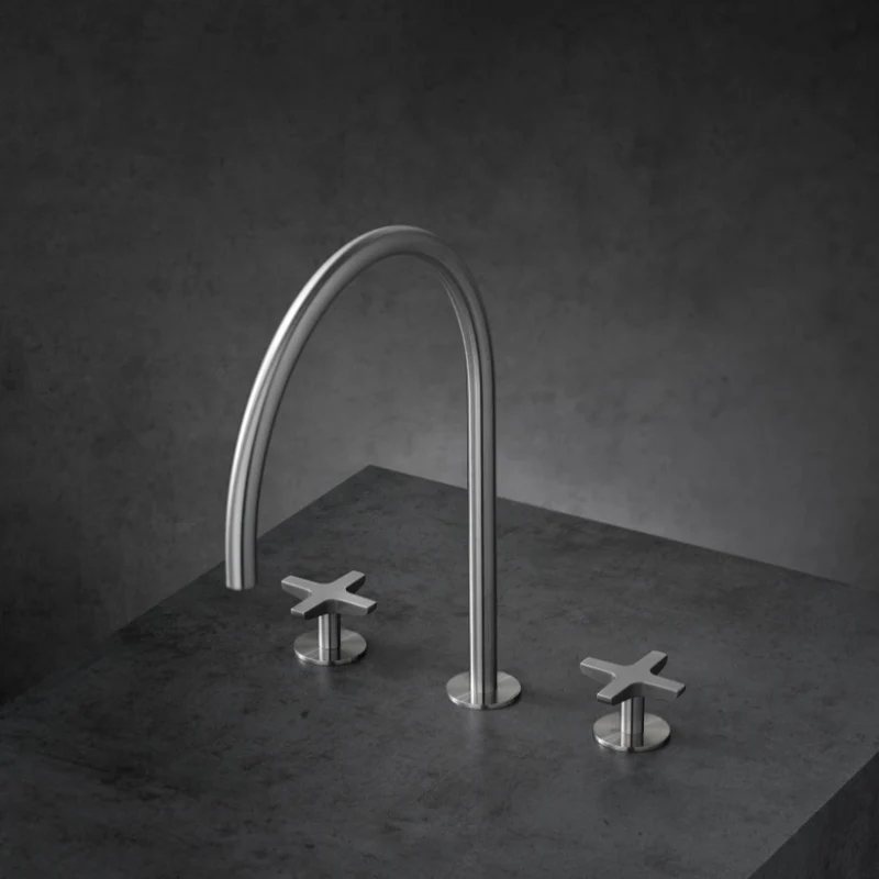 Linki by Acquaco Quatro lavatory faucet in stainless steel with gooseneck spout and cross handles